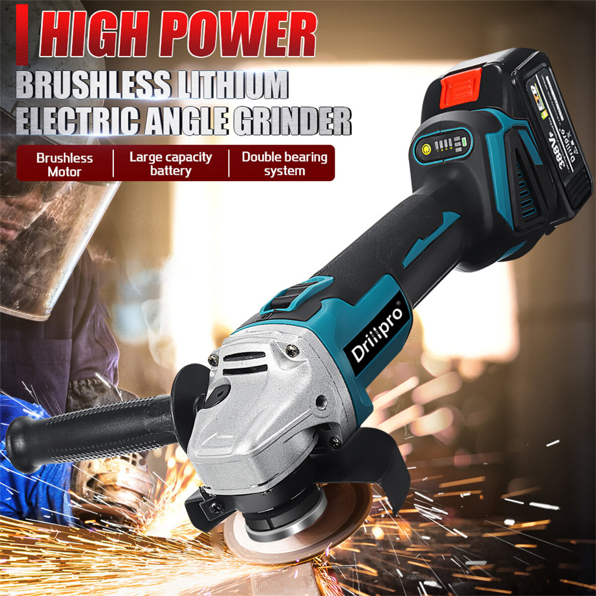 [EU Direct]Drillpro Cordless Brushless Angle Grinder 18V 800W High Power Output with Overload Resistance Compact Tool for Efficient Outdoor Operations Comes in Multiple Packages with Lithium Battery and EU Plug