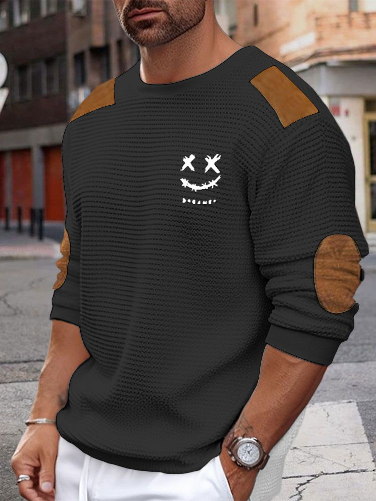 ChArmkpR Mens Pullover Hoodies Smile Embroidered Contrast Patchwork Crew Neck Pullover Sweatshirts