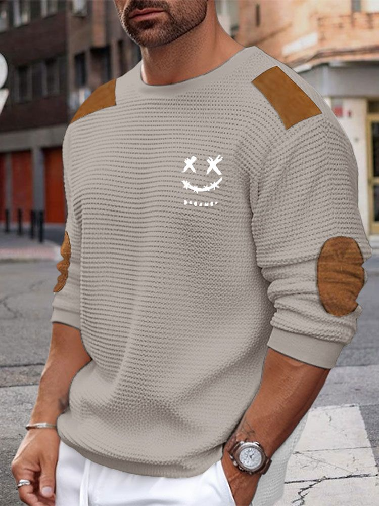 ChArmkpR Mens Pullover Hoodies Smile Embroidered Contrast Patchwork Crew Neck Pullover Sweatshirts