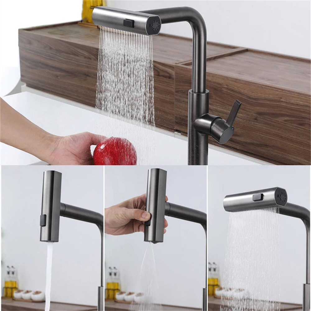 304 Stainless Steel Kitchen Faucet Pull Out Rotation Waterfall Stream Sprayer Brushed Nickel High Efficiency Cleaning Elegant Design Sink Mixer Tap Accessory