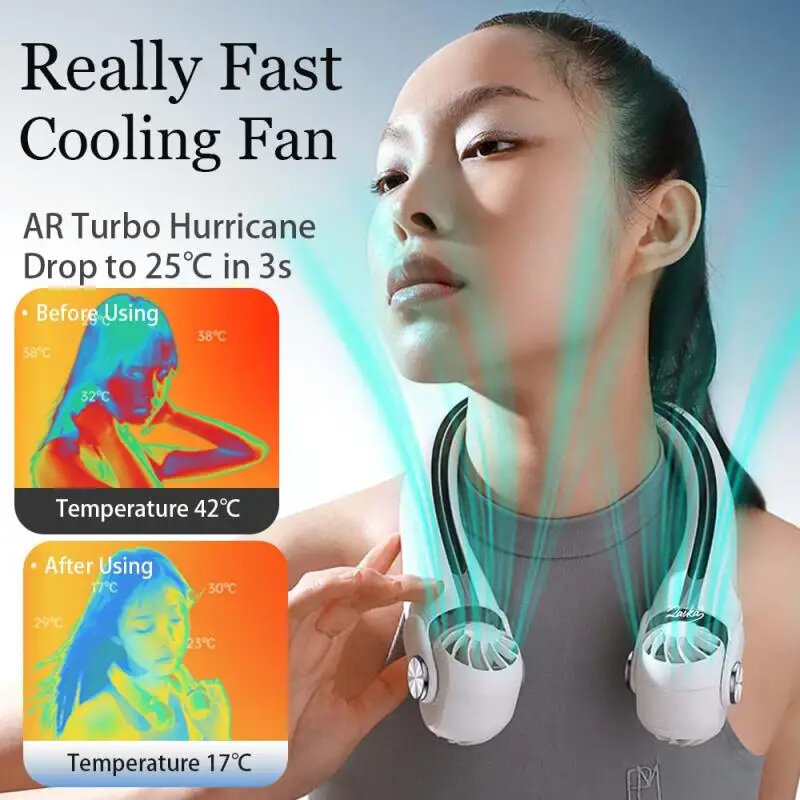 2400mAh Neck Hanging Small Fan Blade Hanging Neck Small Fan Rotor Hanging Neck Fan New Turbo Portable Cooling Fan USB Charging