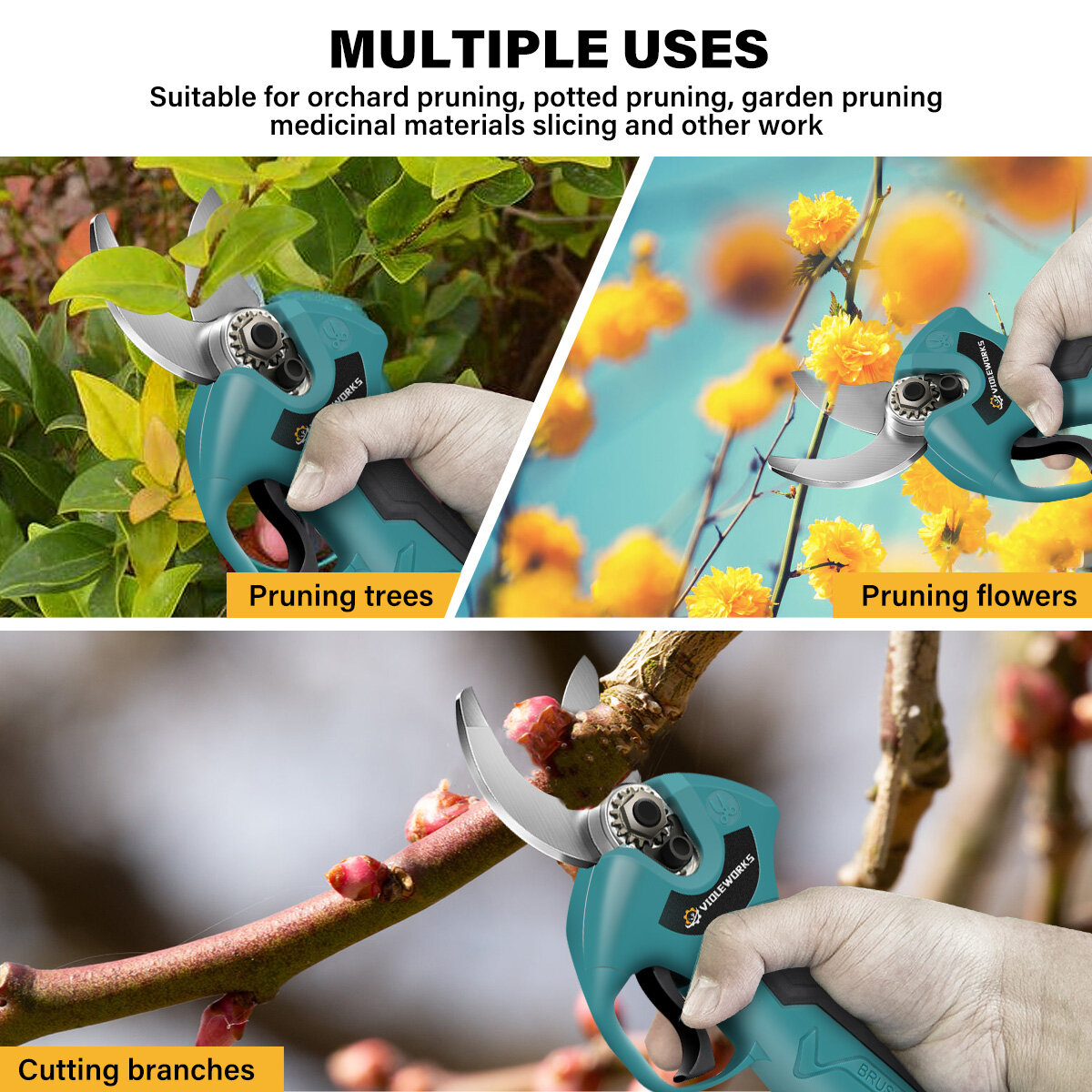 VIOLEWORKS 21V Electric Pruning Shears Cordless Tree Branch Pruner with 1/2 Pack 2.0-3.0Ah Lithium Batteries Powerful Brushless Motor 1.2-Inch Cutting Diameter