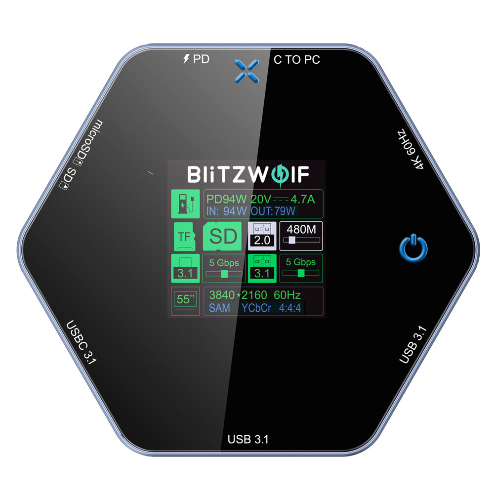 BlitzWolf BW-TH16 8 in 1 USB Hub LCD Smart Display Type-c Docking Station with USB3.1 Type-C 3.1 HD 4K@60Hz SD/TF Card Slots 100W PD Power Delivery