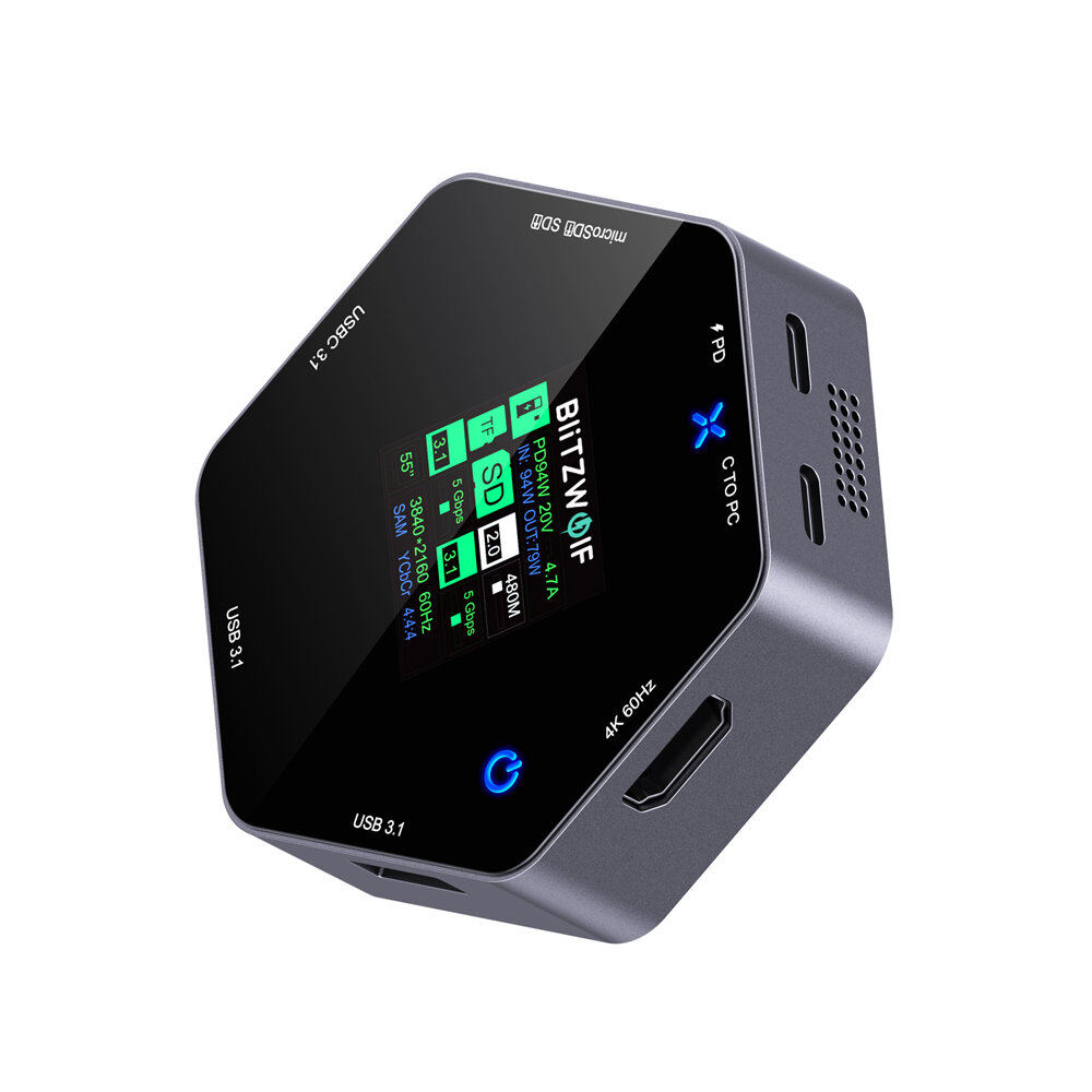 BlitzWolf BW-TH16 8 in 1 USB Hub LCD Smart Display Type-c Docking Station with USB3.1 Type-C 3.1 HD 4K@60Hz SD/TF Card Slots 100W PD Power Delivery