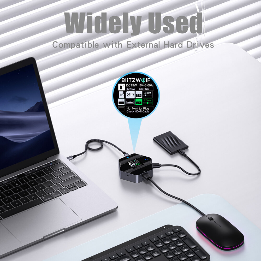 BlitzWolf BW-TH16 8 in 1 USB Hub LCD Smart Display Type-c Docking Station with USB3.1 Type-C 3.1 HD 4K@60Hz SD/TF Card Slots 100W PD Power Delivery