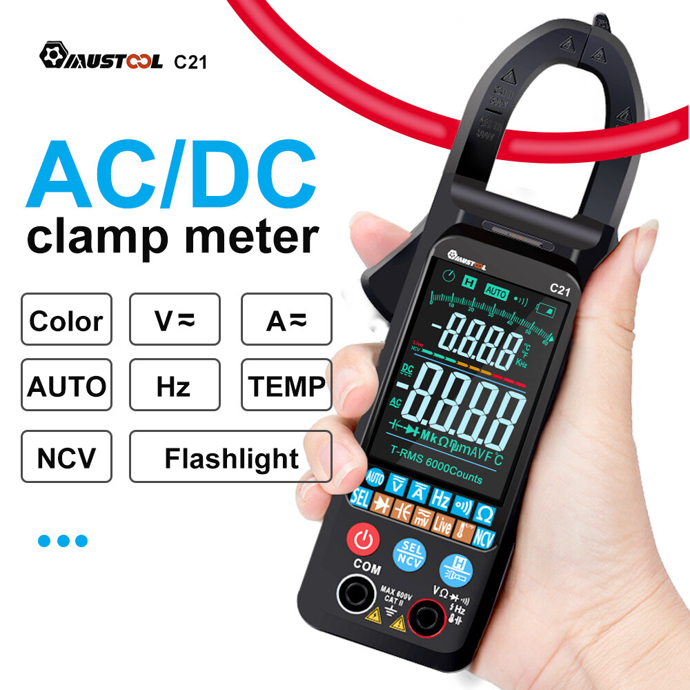 MUSTOOL C21 AC/DC Current Voltage Digital Clamp Meter Large Color Screen NCV 6000 Counts True RMS Automatic Measurement Smart Digital Multimeter