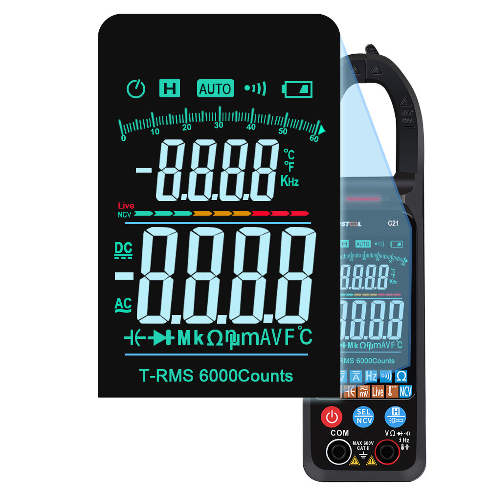 MUSTOOL C21 AC/DC Current Voltage Digital Clamp Meter Large Color Screen NCV 6000 Counts True RMS Automatic Measurement Smart Digital Multimeter