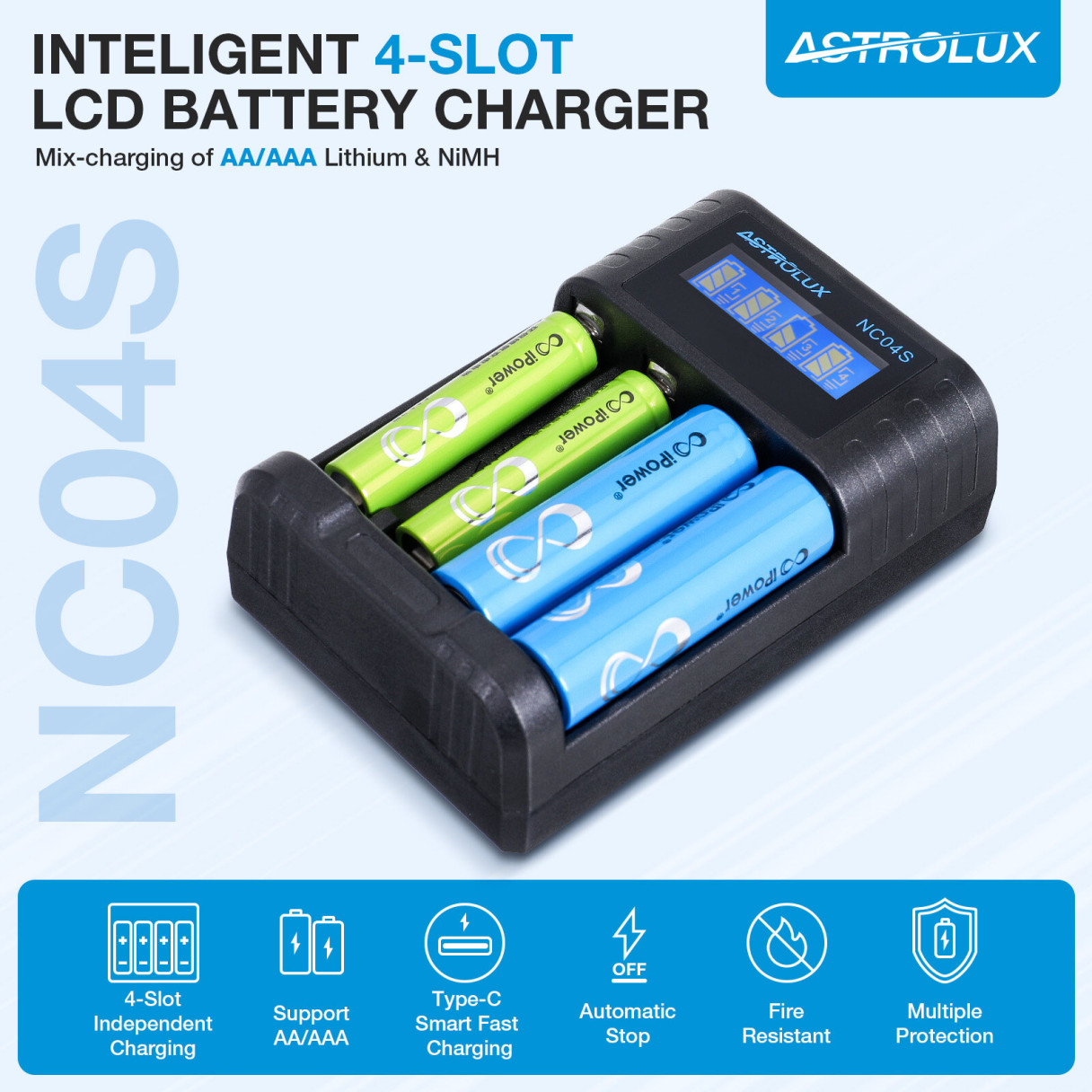 Astrolux® NC04S Inteligent 4-Slot LCD Battery Charger Mix-charging of AA/AAA Lithium & NiMH Btteries For Cells Flashlight RC Toys Home Tools