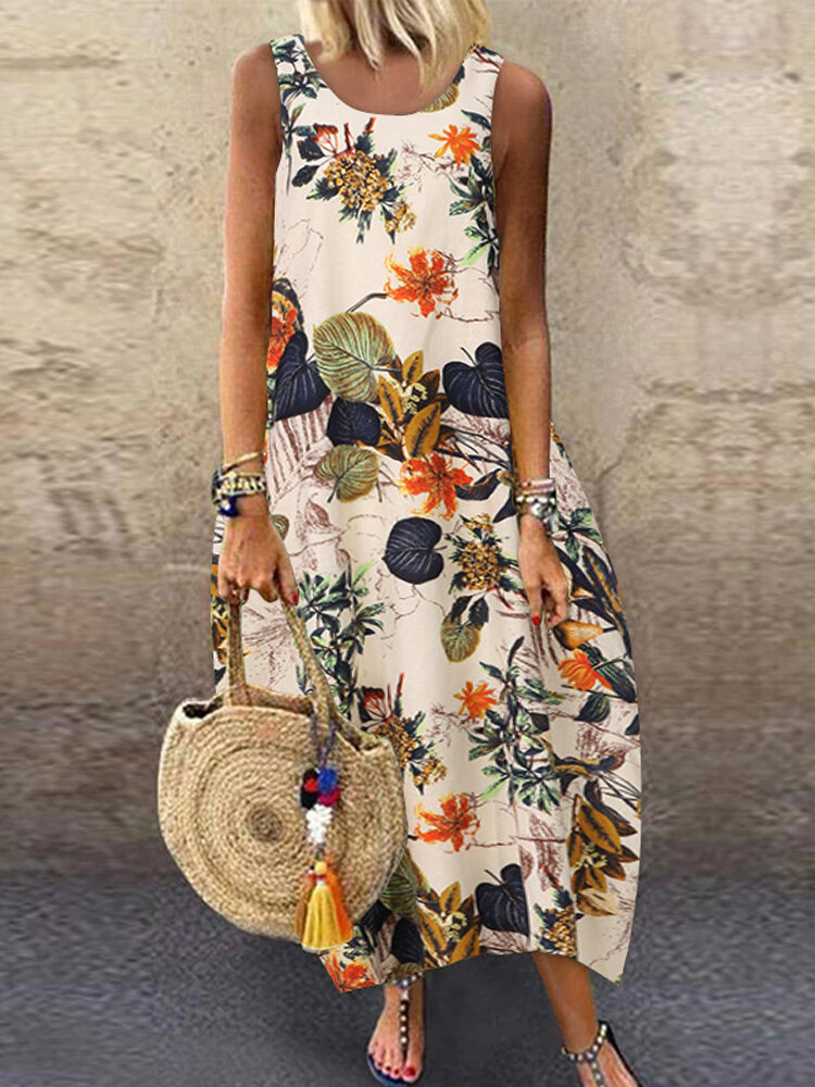 ZANZEA Women Sleeveless Long Maxi Dress Summer Big Swing Bohemian Floral Print Long Dress O-neck Loose Causal Women's Dress