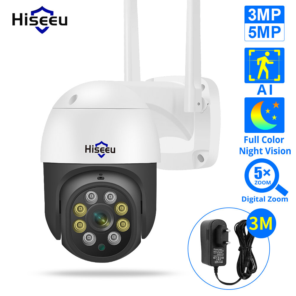 Hiseeu 3MP/5MP PTZ IP Camera Outdoor Security AI Human Detection H.265X Wireless WiFi  Video Surveillance Cameras iCsee P2P