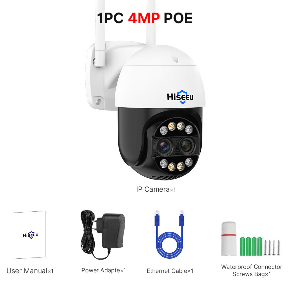 Hiseeu 4MP+4MP Dual Lens Wifi PTZ IP Camera 2.8+12mm 8X Zoom CCTV Video Surveillance Camera Color Night Vision Ai Human Cam