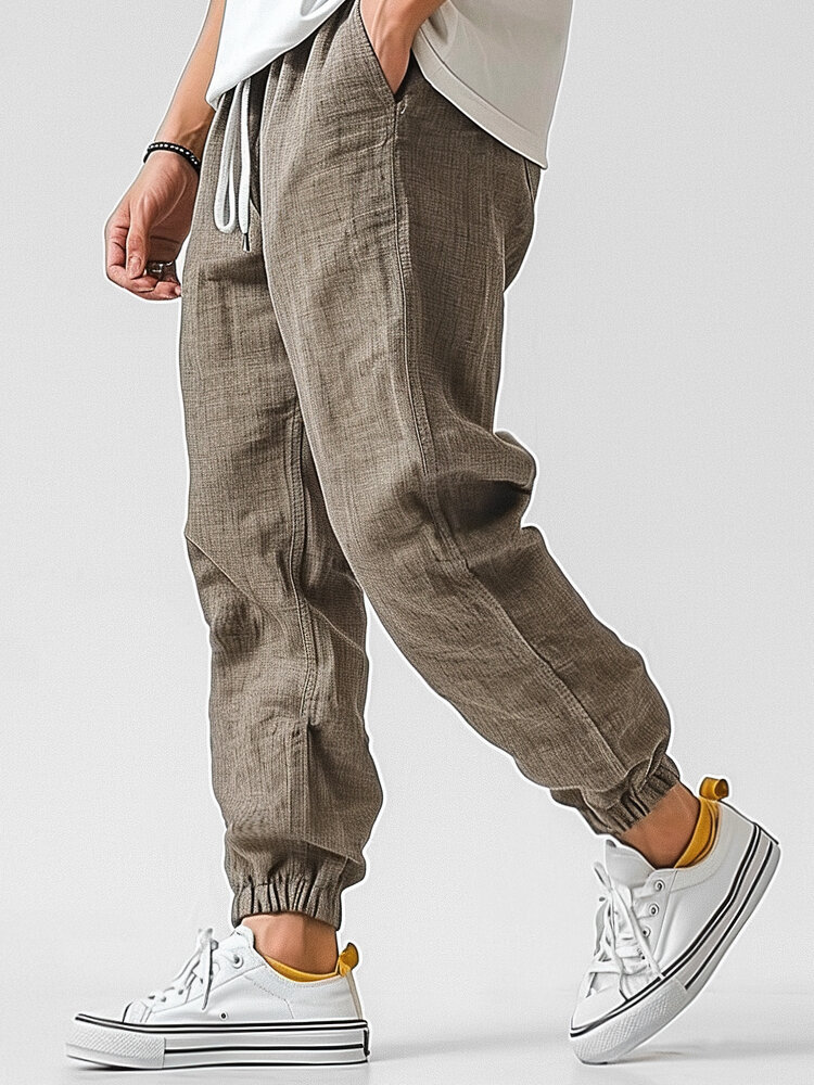 ChArmkpR Mens Pants Solid Casual Loose Drawstring Waist Trousers with Side Pockets