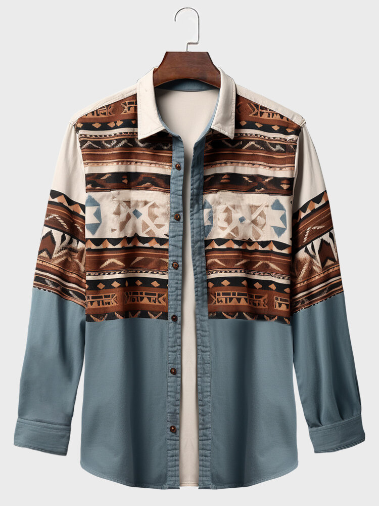 Mens Ethnic Geometric Print Patchwork Lapel Long Sleeve Shirts