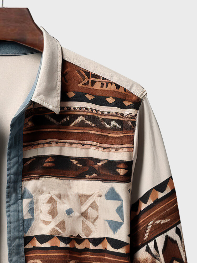 Mens Ethnic Geometric Print Patchwork Lapel Long Sleeve Shirts