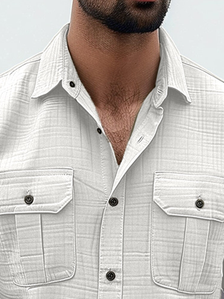 Mens Solid Chest Pocket Lapel Collar Short Sleeve Shirts