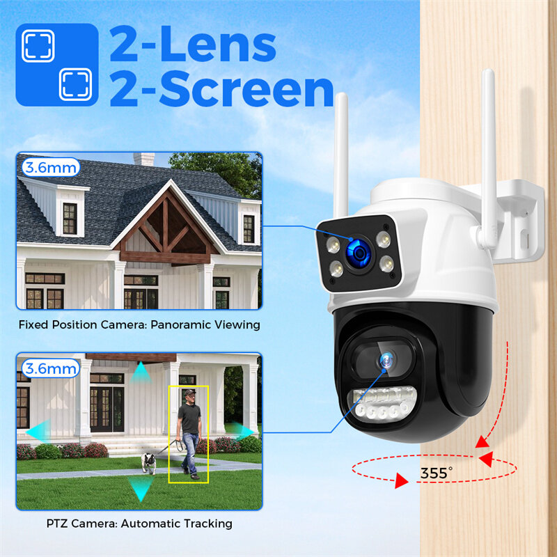 Hiseeu WS418B 4K 8MP Dual Lens Outdoor WiFi Camera Wireless PTZ Security ONVIF H.265+ Cam Night Vision AI Humanoid Detection Auto Tracking Two-Way Audio Monitoring IP Cameras