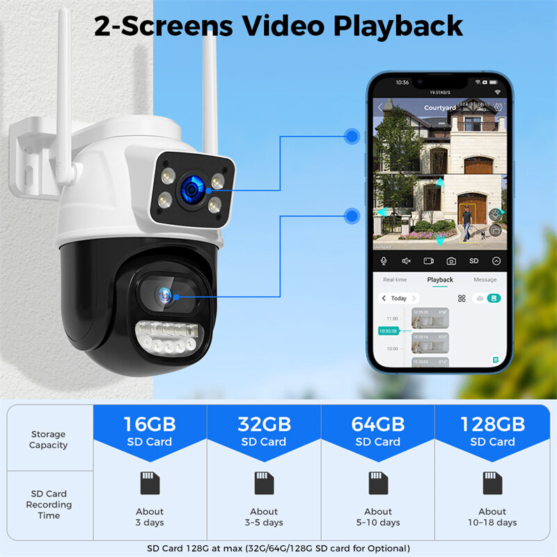 Hiseeu WS418B 4K 8MP Dual Lens Outdoor WiFi Camera Wireless PTZ Security ONVIF H.265+ Cam Night Vision AI Humanoid Detection Auto Tracking Two-Way Audio Monitoring IP Cameras