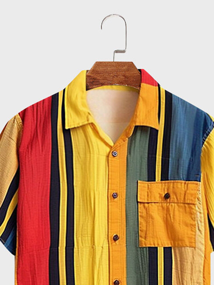 ChArmkpR Mens Shirts Colorful Striped Chest Pocket Lapel Collar Shirts Summer Short Sleeve Casual Shirts