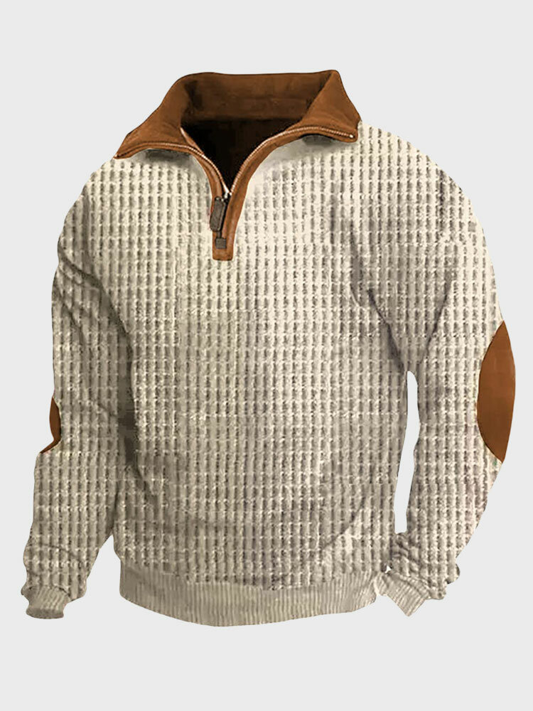 ChArmkpR Mens Pullover Hoodies Contrast Patchwork Half Zip Waffle Knit Pullover Sweatshirts