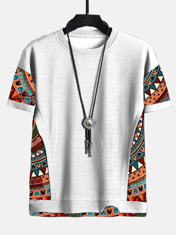 Mens Ethnic Geometric Pattern Stitching Texture Short Sleeve Streetwear T-Shirts