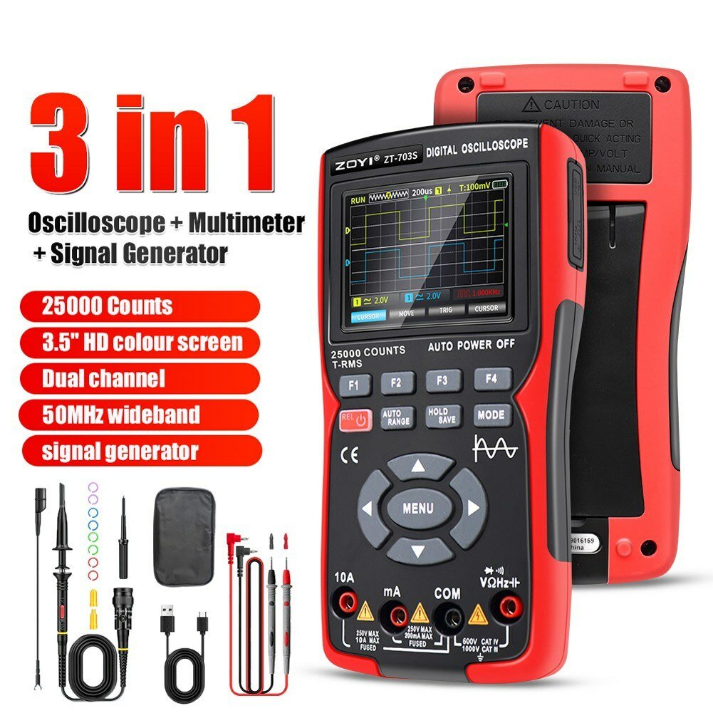 ZOYI 703S 3-in-1 Dual Channel 50MHZ Bandwidth Handheld Oscilloscope Multimeter Generator 280MSa/s High Sampling Professional Oscilloscope 25000 Count Digital Multimeter