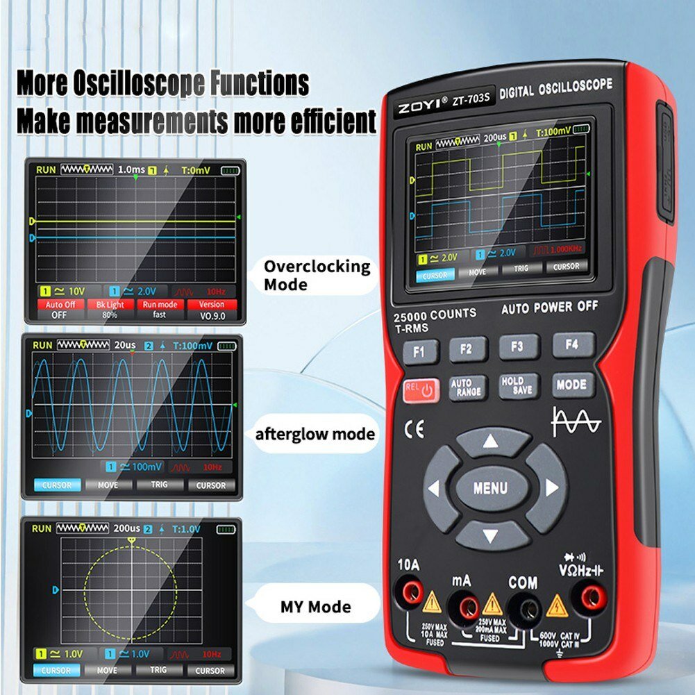 ZOYI 703S 3-in-1 Dual Channel 50MHZ Bandwidth Handheld Oscilloscope Multimeter Generator 280MSa/s High Sampling Professional Oscilloscope 25000 Count Digital Multimeter