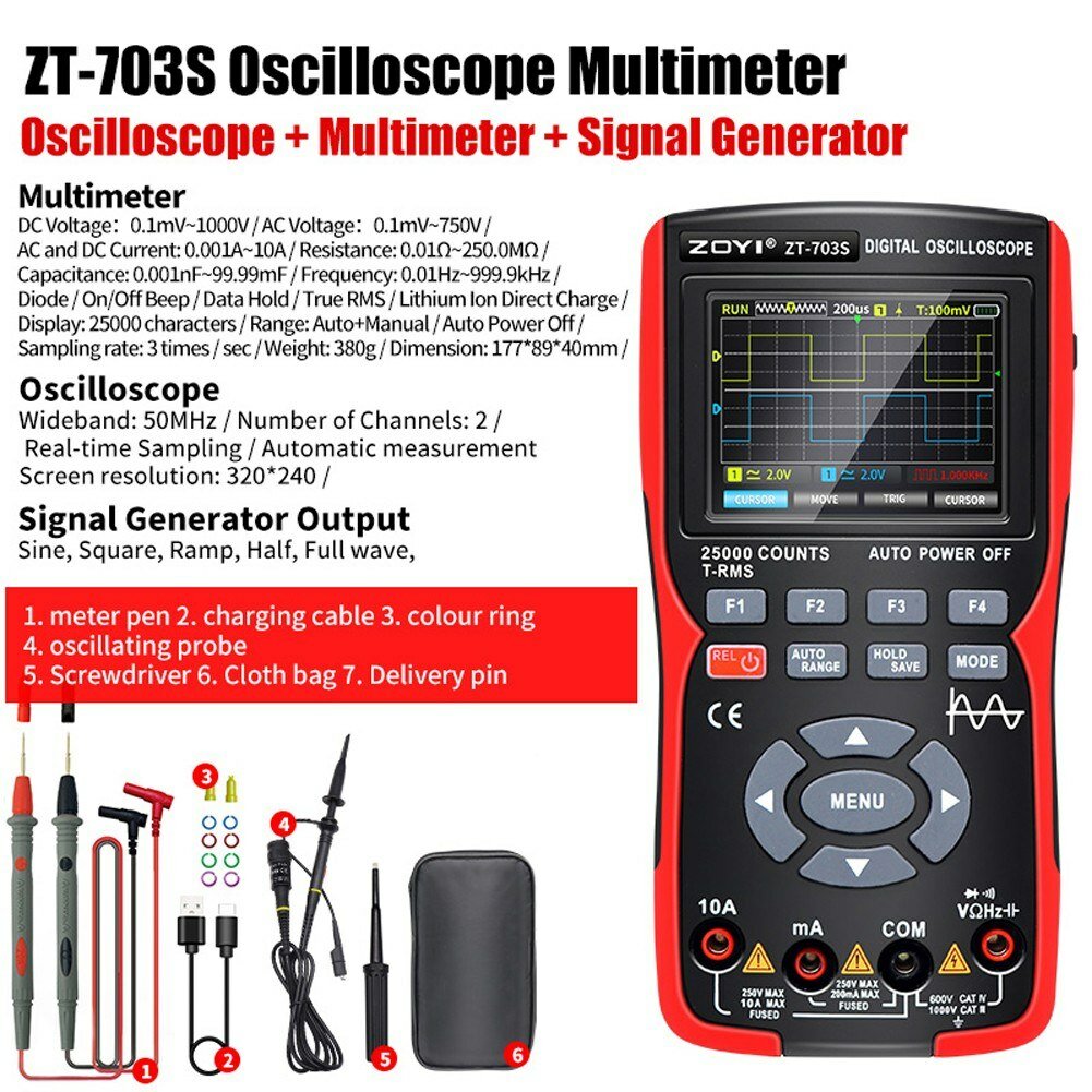 ZOYI 703S 3-in-1 Dual Channel 50MHZ Bandwidth Handheld Oscilloscope Multimeter Generator 280MSa/s High Sampling Professional Oscilloscope 25000 Count Digital Multimeter