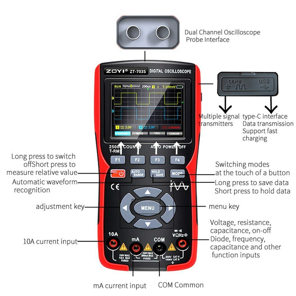 ZOYI 703S 3-in-1 Dual Channel 50MHZ Bandwidth Handheld Oscilloscope Multimeter Generator 280MSa/s High Sampling Professional Oscilloscope 25000 Count Digital Multimeter