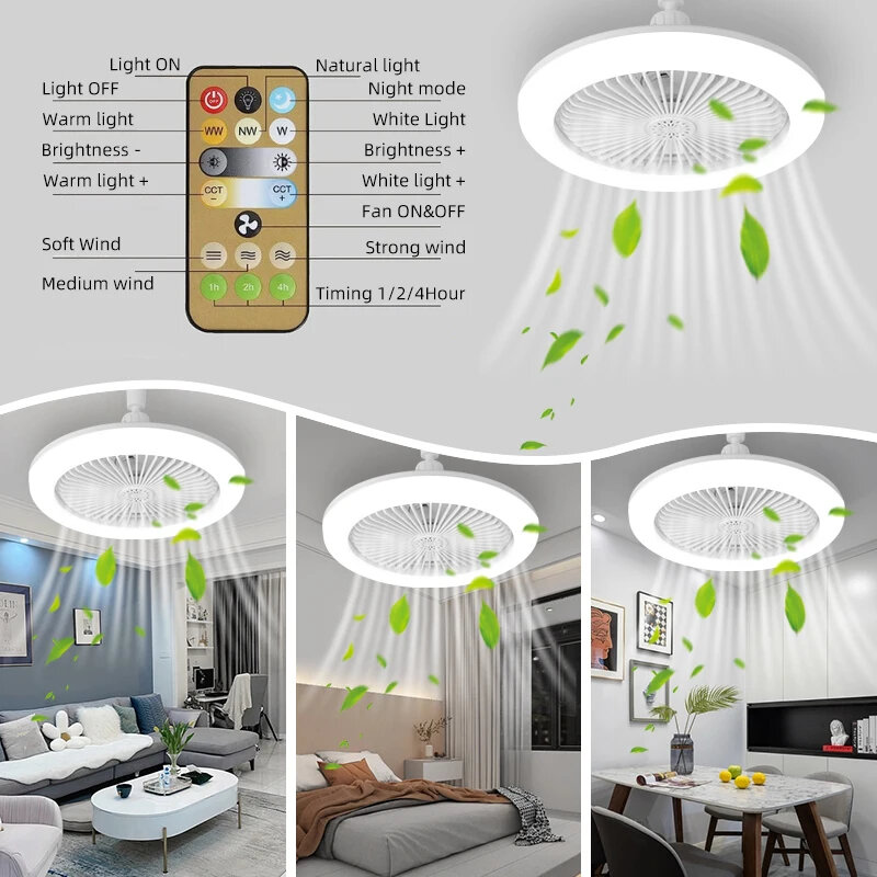 Ceiling Fans E27 Converter Base Smart Silent Ceiling Fans With Remote Control and Light LED Lamp Fan for Bedroom Living Room