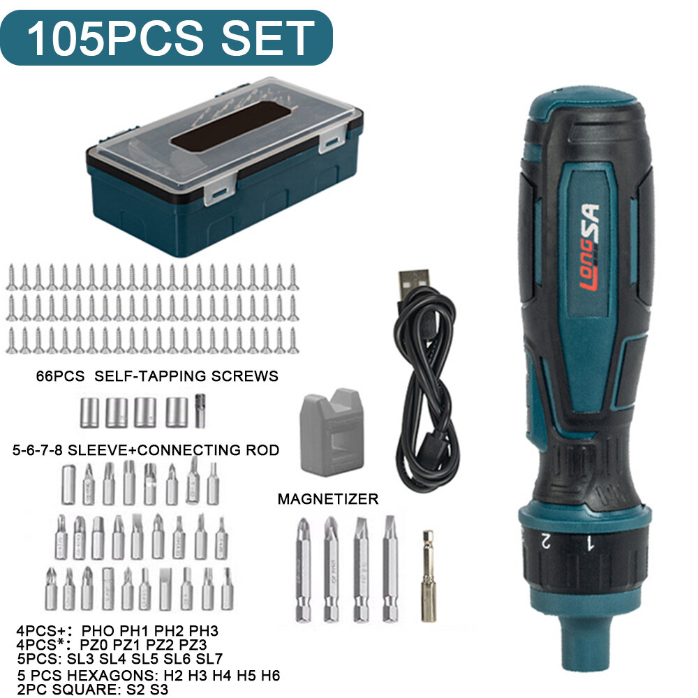 105PCS 200r/min Household Ratchet Screwdriver Cordless Electric Screwdriver 3.6V 1300mAh Li-ion Battery Rechargeable Manual Mini Drill