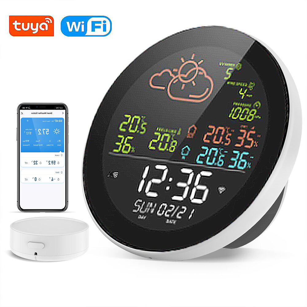 RSH-SWS001 Tuya Smart WiFi Weather Station Thermometer Hygrometer Meter Color LED Digital Display APP Remote Control Viewing Indoor Outdoor Hanging Alarm Clock