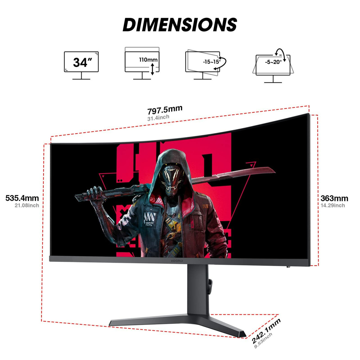 KOORUI 34 Inch Ultrawide Curved Gaming Monitor PC Screen 165Hz 1MS 1000R WQHD 3440x1440P VA Adaptive Sync 2xHDMI 100Hz & DisPort 165Hz VESA 75 x 75 mm DCl-P3 90% Height Adjustable