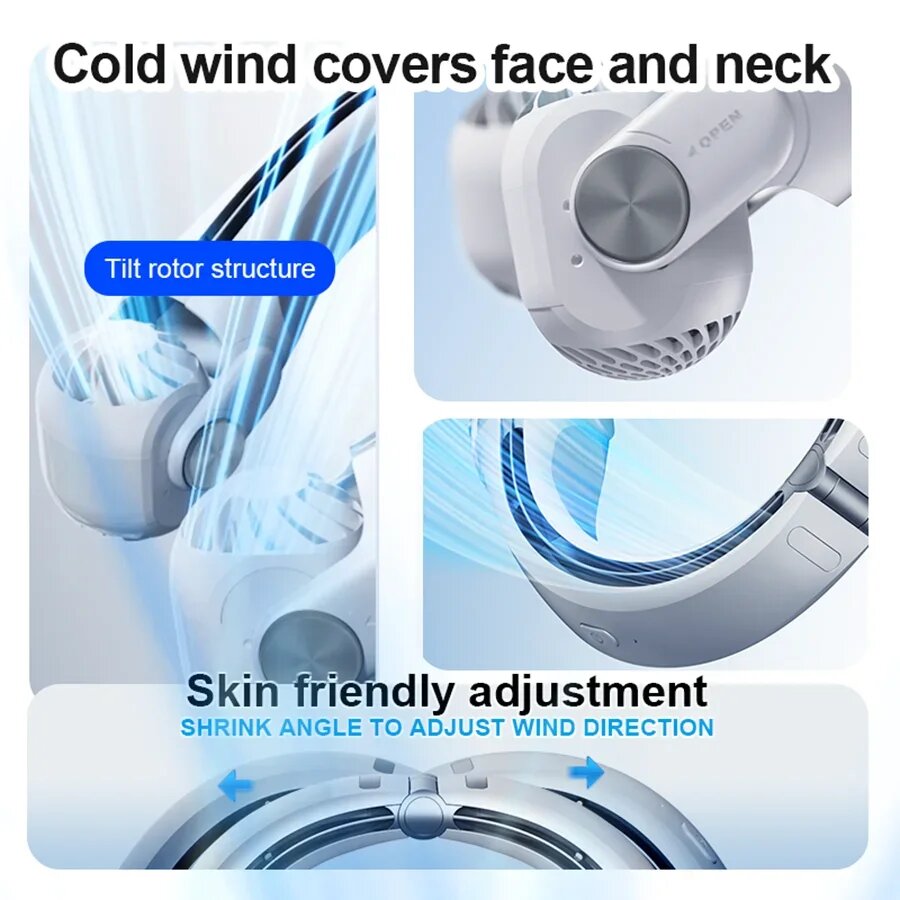 2400mAh Neck Hanging Small Fan Blade Hanging Neck Small Fan Rotor Hanging Neck Fan New Turbo Portable Cooling Fan USB Charging