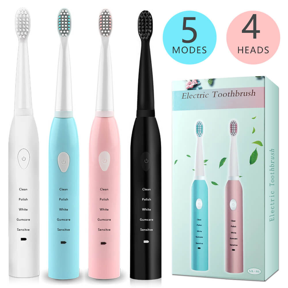 IPX7 Ultrasonic Electric Toothbrush 5 Modes USB Rechargeable Sonic Automatic Teeth Cleaner with 4 Brush Heads