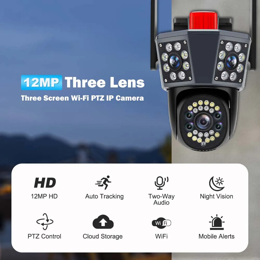 Three Lens 6K 12MP WIFI IP Camera Waterproof Three Screen PTZ CCTV Camera Color Night Vision Motion Detection Security Surveillance Cam