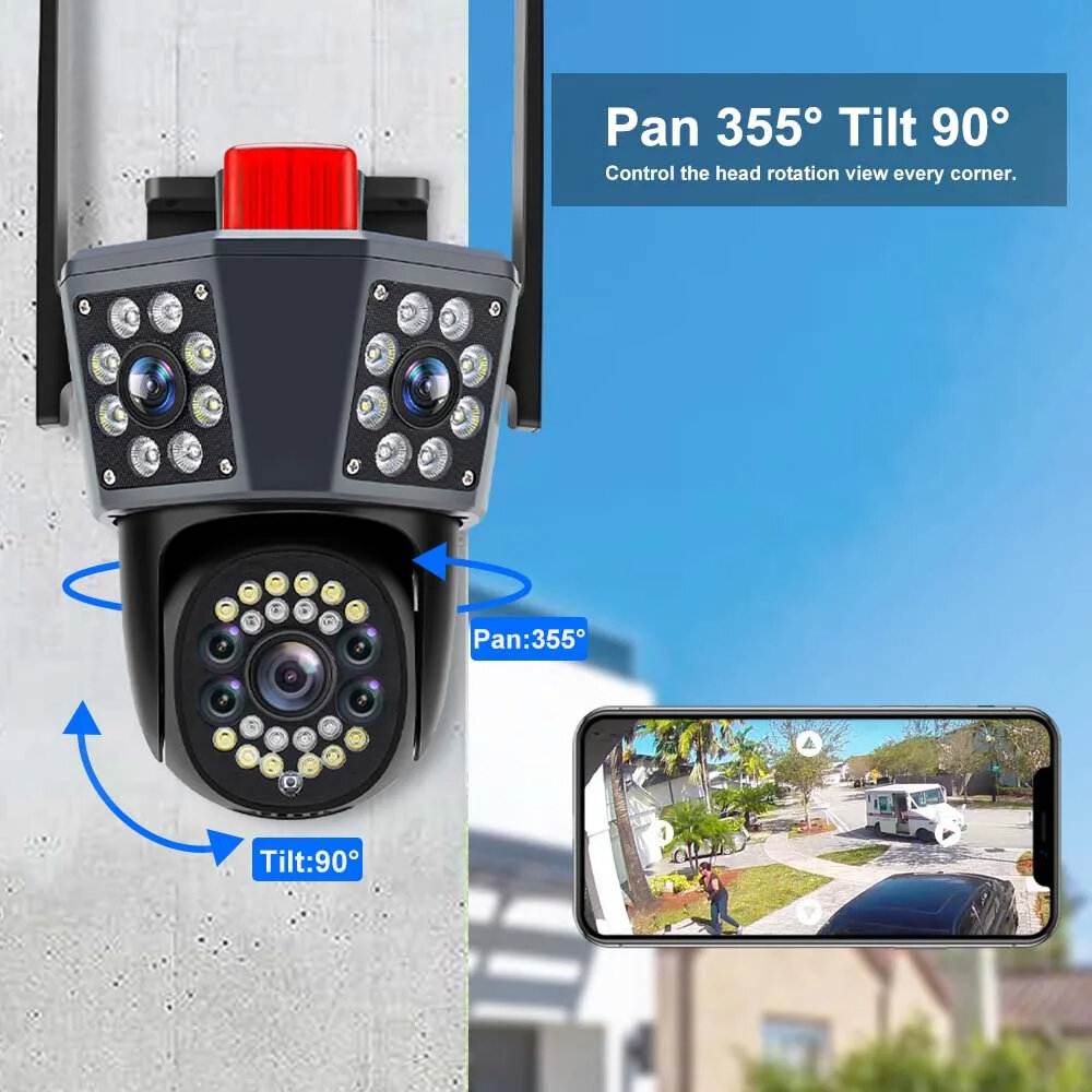 Three Lens 6K 12MP WIFI IP Camera Waterproof Three Screen PTZ CCTV Camera Color Night Vision Motion Detection Security Surveillance Cam