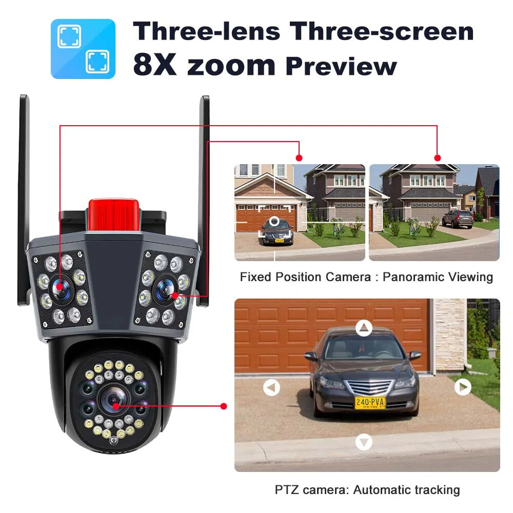 Three Lens 6K 12MP WIFI IP Camera Waterproof Three Screen PTZ CCTV Camera Color Night Vision Motion Detection Security Surveillance Cam