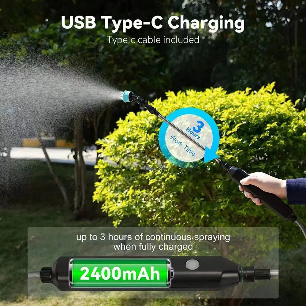 Portable Electric Garden Sprayer 2400mAh Spray Wand Gardening Sprayer Irrigation Tool USB Rechargeable Telescopic Handle with 3 Nozzles for Yard Plant