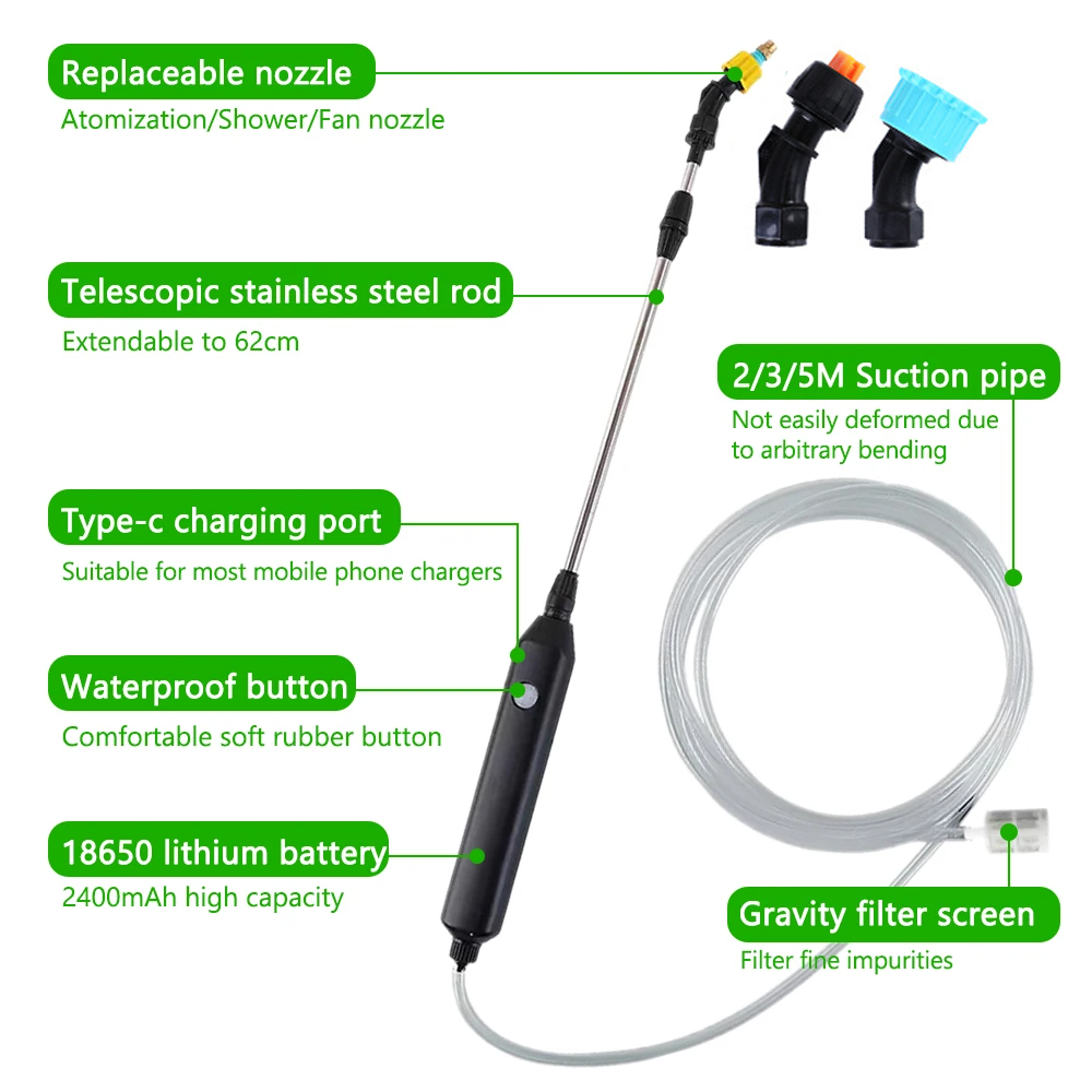 Portable Electric Garden Sprayer 2400mAh Spray Wand Gardening Sprayer Irrigation Tool USB Rechargeable Telescopic Handle with 3 Nozzles for Yard Plant