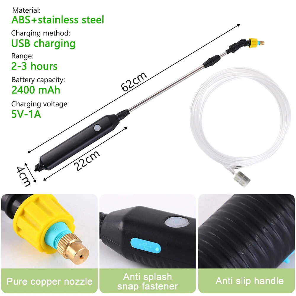 Portable Electric Garden Sprayer 2400mAh Spray Wand Gardening Sprayer Irrigation Tool USB Rechargeable Telescopic Handle with 3 Nozzles for Yard Plant