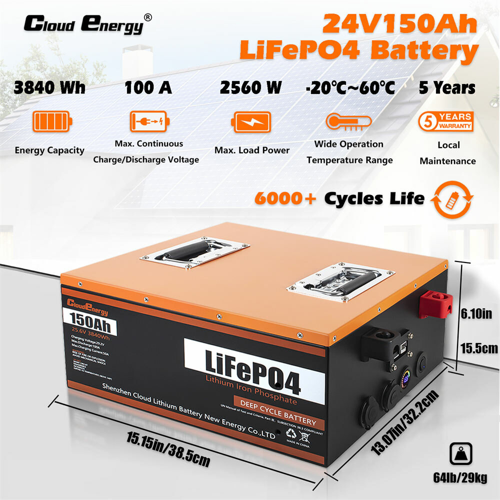 [EU Direct] Cloudenergy 24V 150Ah LiFePO4 Battery 3840Wh 2560W Built-in 100A BMS 6000+ cycles 10 Years Service Life with Class A LiFePO4 Cells Perfect for Motorhome, Camper, Energy Storage, Van, Off-grid CL24-150