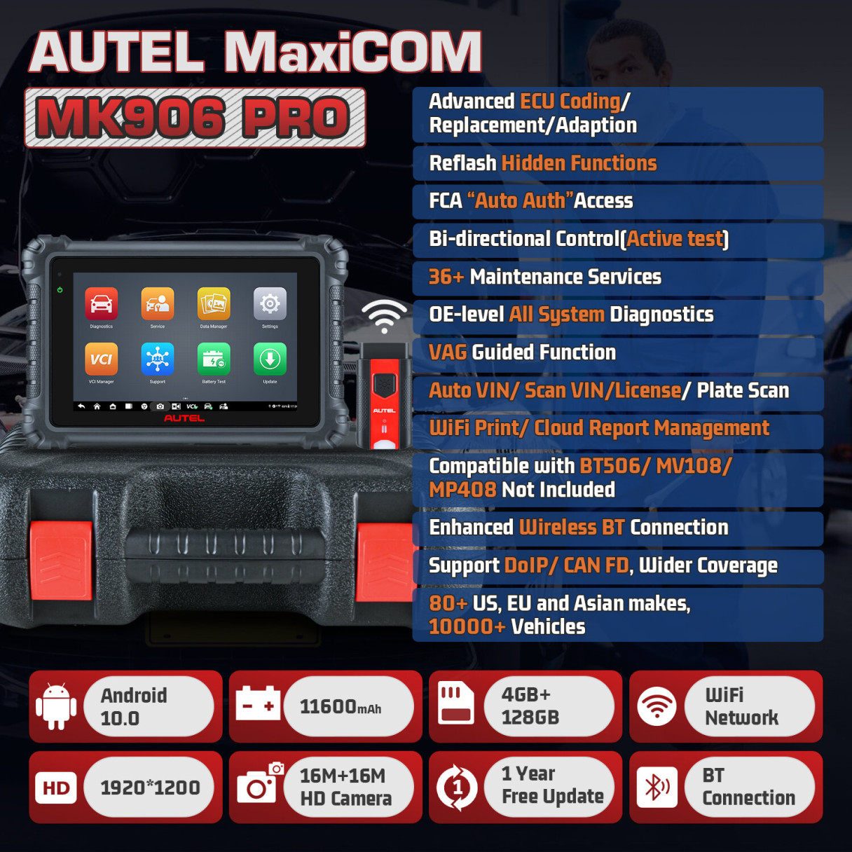 Autel MaxiCOM MK906Pro Car Diagnostic Tool OBD2 Bi-Directional Scanner All System Scan Tool ECU Coding Upgraded MK906BT MS906BT