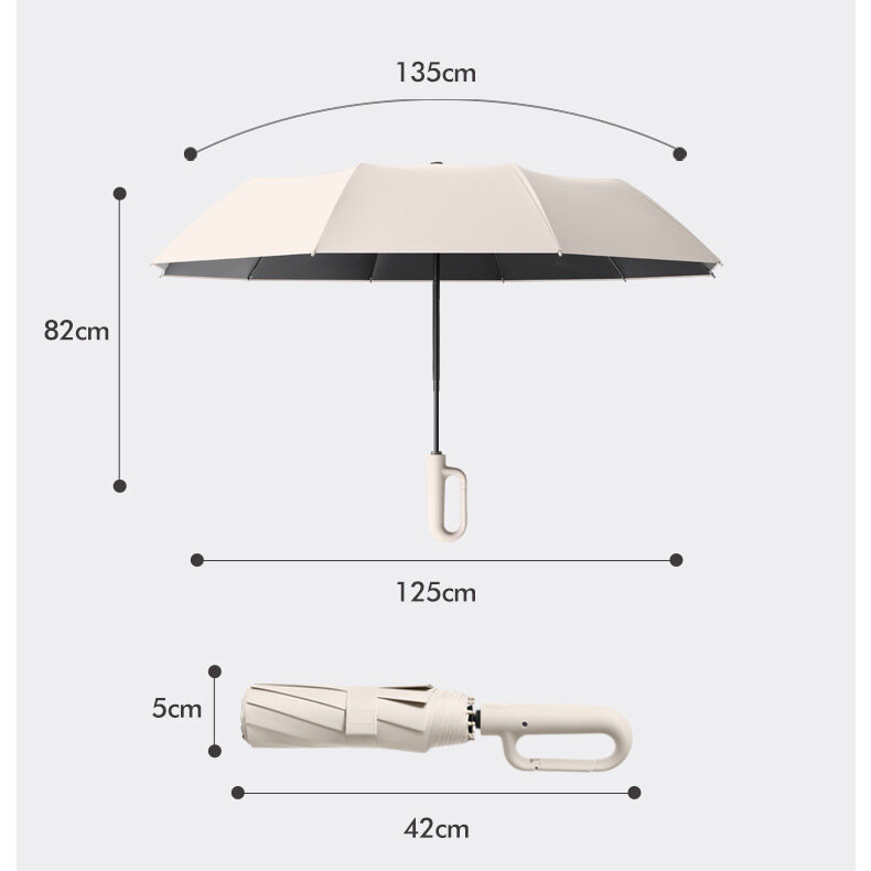 Extra Large 125cm Automatic Umbrella 10 Ribs Water Resistant 50+ UV Protection With Carabiner Handle Anti-slip Handle Protective Sleeve Fold Umbrella