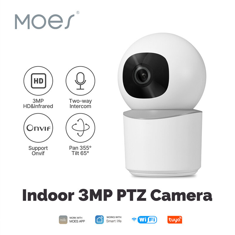 MoesHouse Tuya WiFi Indoor PTZ Security Camera 3MP HD Infrared Night Vision Motion Tracking Two-way Intercom Home Surveillance Monitor