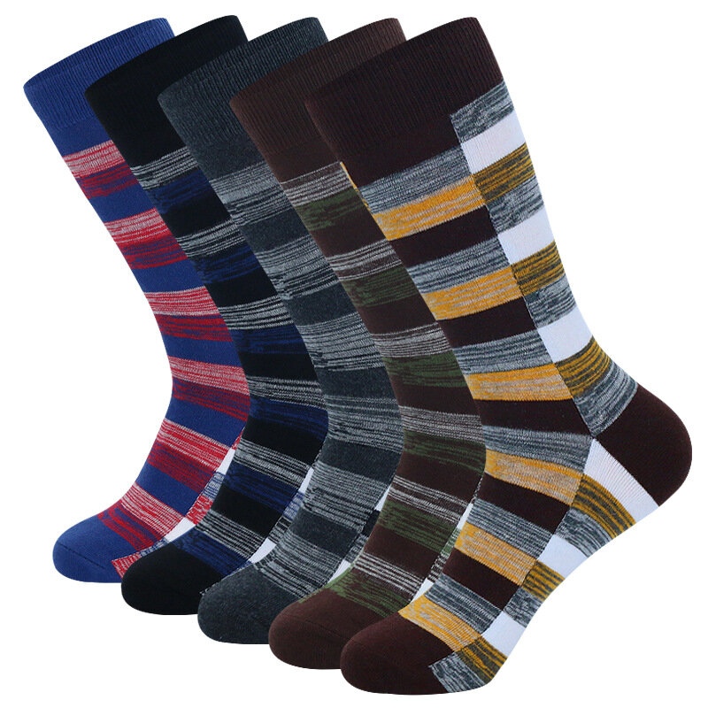 5 Pairs Mens Dress Socks Geometric Pattern Funny Casual Socks Pack Colorful Striped Cotton Novelty Business Socks