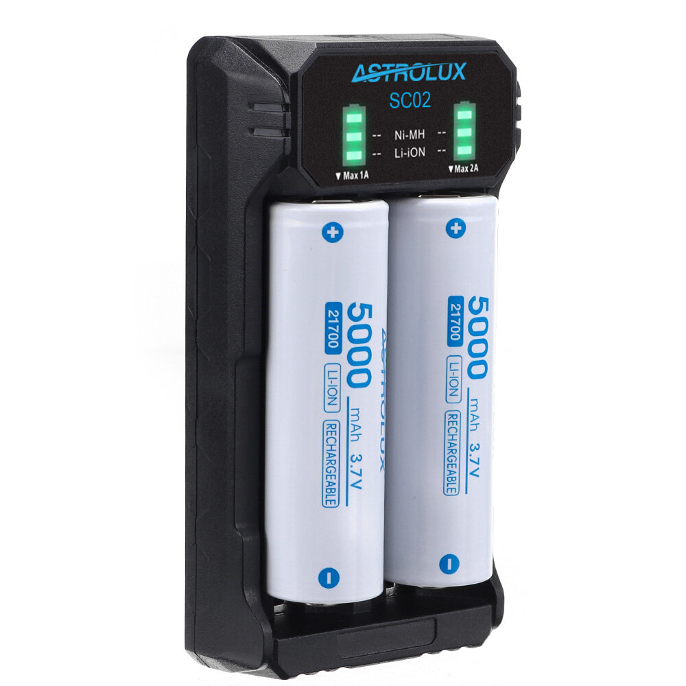 ASTROLUX® SC02 Type-C QC 3.0 Quick Charge USB Battery Charger Dual-slots For Li-ion/IMR/INR/ICR Ni-MH Ni-Cd 21700 18650 26650 Flashlight Battery