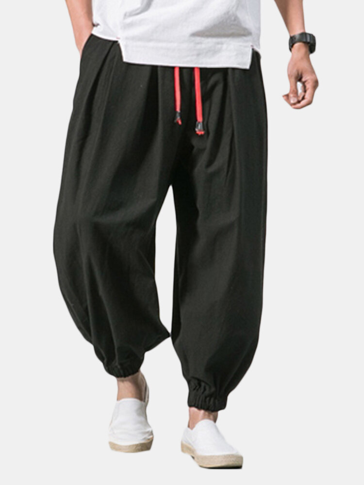 ChArmkpR Mens Pant Loose Comfy Baggy Solid Color Vintage Drawstring Jogger Casual Harem Trousers