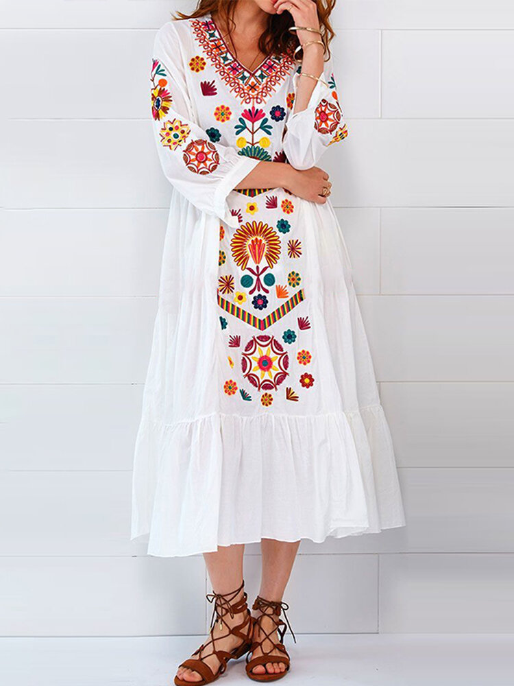 Ethnic Women V-neck Long Sleeve Floral Print Holiday Bohemian Pleated Maxi Dress