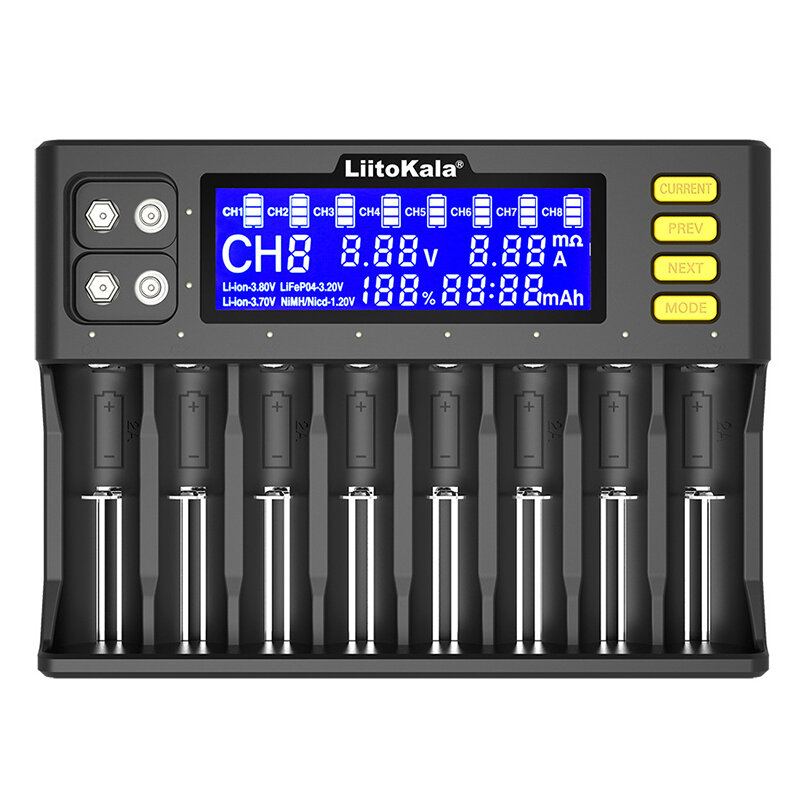 LiitoKala LII-S8 8 Slots LCD Display Battery Charger for Li-ion(IMR/ICR) LiFePO4 Ni-MH/Cd AA AAA C 18650 21700 26650 18350 14500 RCR123 Cells & 9V Batteries