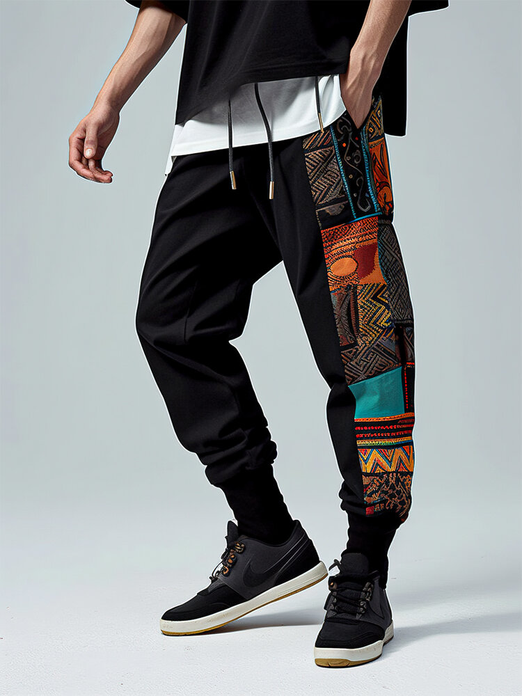 ChArmkpR Mens Pants Ethnic Pattern Patchwork Drawstring Waist Loose Sweatpants Casual Trousers